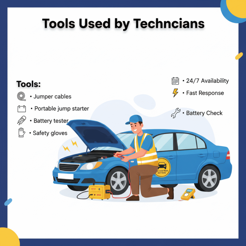 "User guide image showing tools used by technicians for Battery Dead Naif Help with a technician using jumper cables, portable jump starter, battery tester, and safety gloves in the center."