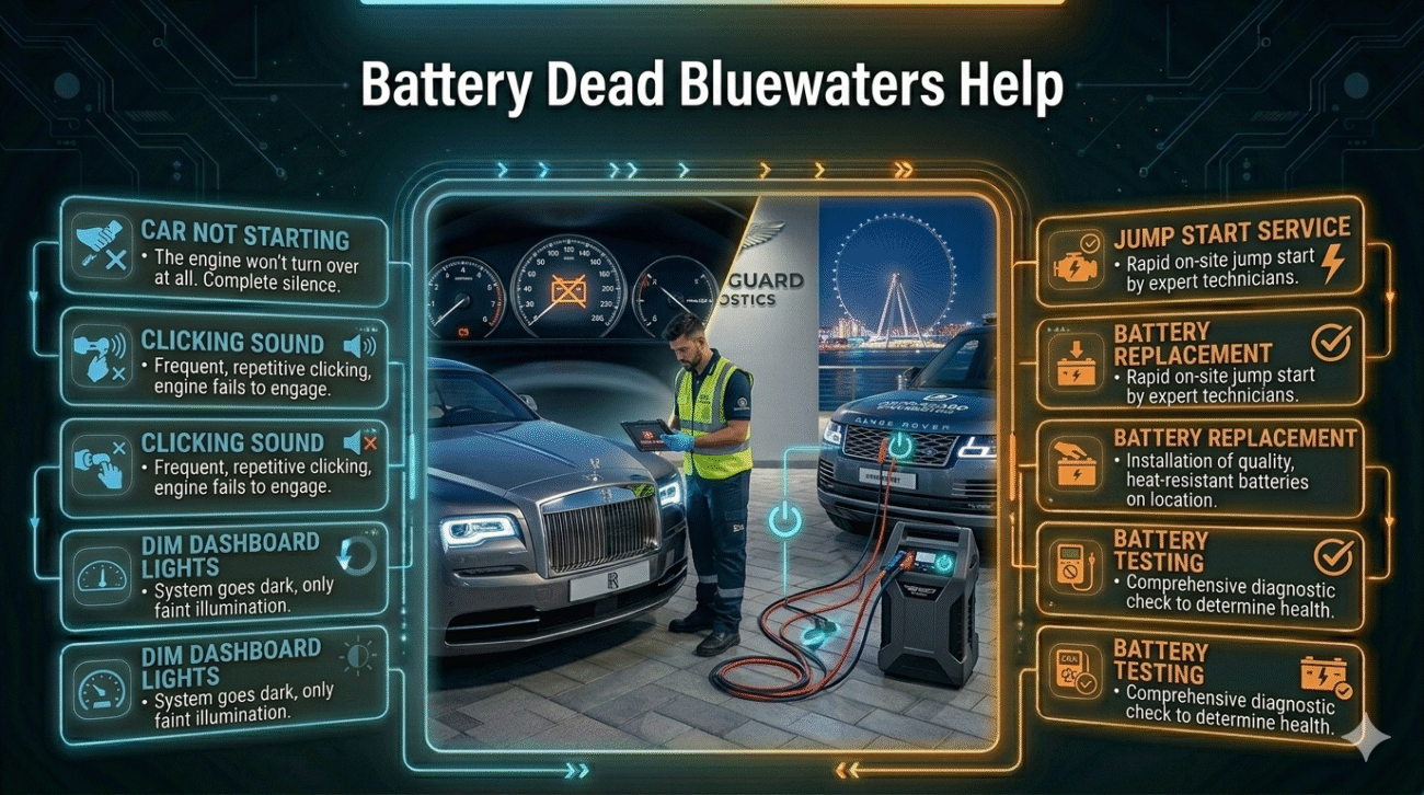 Visual guide showing battery dead situation at Bluewaters with symptoms and solutions displayed on both sides of a central car image.
