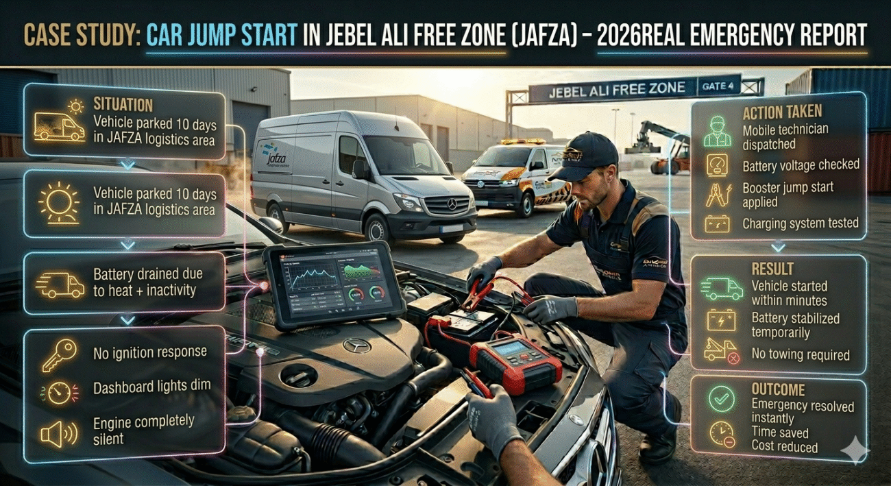 Cinematic infographic showing real case study of car jump start in Jebel Ali Free Zone with delivery vehicle breakdown, mobile mechanic response, battery diagnosis, and successful restart process.