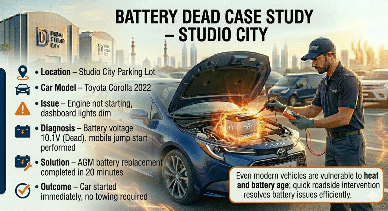 "Studio City car jump start case study showing Toyota Corolla 2022 with glowing battery, roadside technician assisting, and side bullet points displaying location, issue, diagnosis, solution, and outcome."
