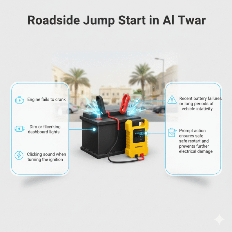 Animated infographic showing a branded car battery and jump starter in the center, key roadside jump start points displayed on left and right sides, title on top.