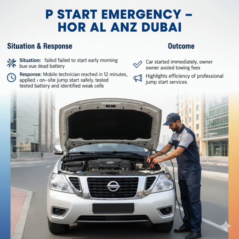 “Professional technician performing emergency car jump start on Nissan Patrol in Hor Al Anz Dubai, showing mobile service response and battery testing with premium car brand in center.”