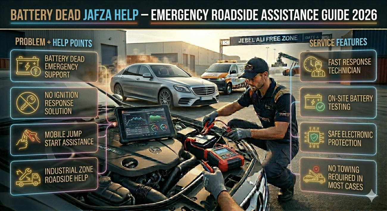 Cinematic infographic showing battery dead JAFZA help service with mobile mechanic, jump start process, and roadside assistance in industrial Dubai environment.