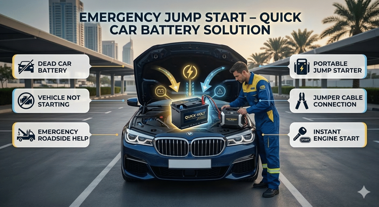 Emergency car jump start infographic showing technician using a portable jump starter on a car battery.