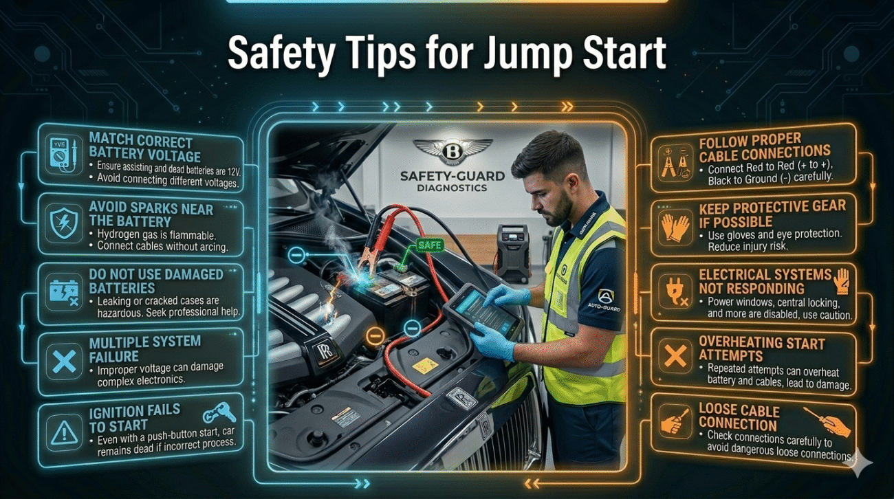 Safety tips guide for jump starting a car with precautions displayed on both sides and a central image of car battery connection.