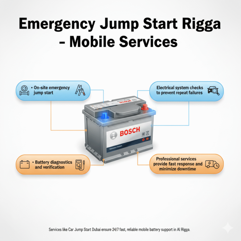 "Emergency Jump Start Rigga infographic showing title on top, mobile service key points like on-site jump start, battery diagnostics, electrical checks on sides, with premium battery in the center and animated infographic style."