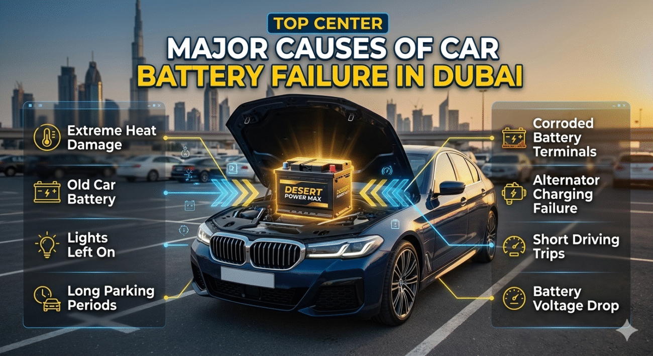 Infographic showing major causes of car battery failure in Dubai with a car battery under the hood and roadside assistance guide points.