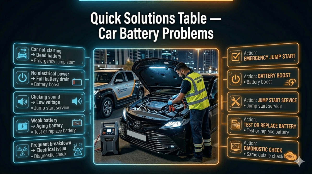 Infographic showing a quick solutions table for car battery problems with a central image and categorized problem, cause, and solution displayed on both sides.