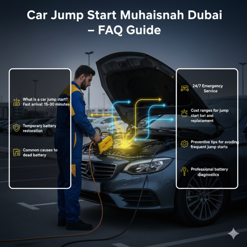 Infographic showing frequently asked questions about car jump start in Muhaisnah Dubai, featuring a technician performing a jump start, glowing battery, and side points highlighting key FAQ answers.