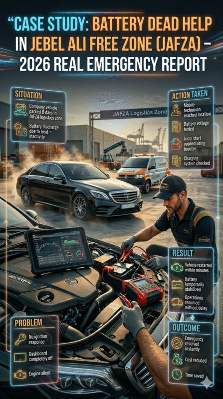 Cinematic infographic showing real case study of battery dead help in JAFZA with mobile mechanic, jump start process, vehicle breakdown situation, and successful roadside recovery.