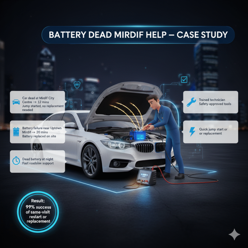 “Animated-style user guide image showing ‘Battery Dead Mirdif Help – Case Study’ with title at top, case study points as infographic bullets on sides, central 3D illustration of a car being serviced, and result badge highlighting 99% success.”