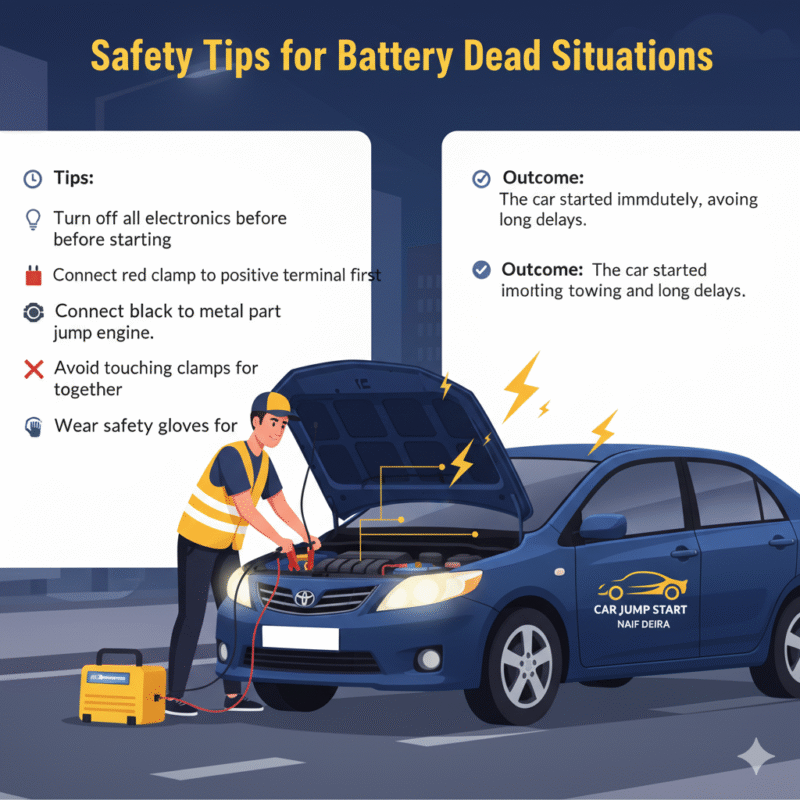 "User guide image showing safety tips for Battery Dead Naif Help with a technician safely jump starting a car in the center and key tips displayed on the sides."