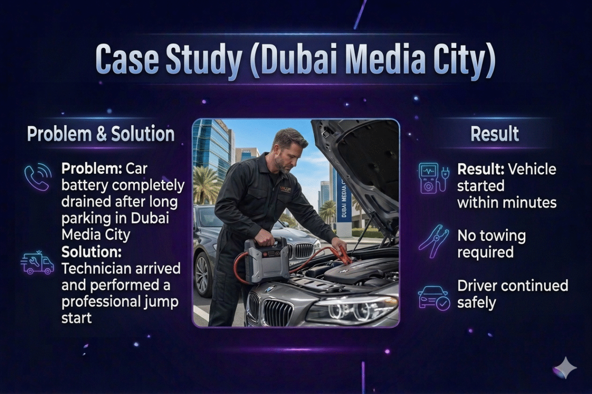 Infographic showing a car jump start case study in Dubai Media City with problem, solution, and result displayed around a central car image with a technician assisting.