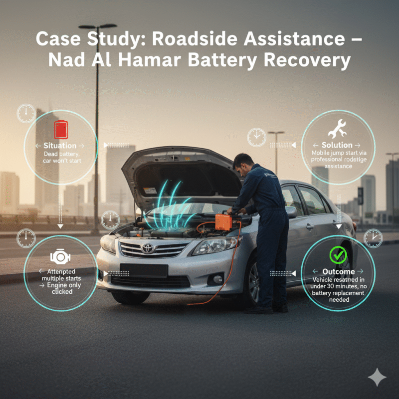 Toyota Corolla in Nad Al Hamar receiving professional mobile battery jump start as part of roadside assistance case study.