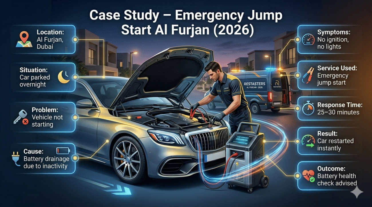 Emergency jump start case study in Al Furjan showing car breakdown, technician response, and successful vehicle restart process