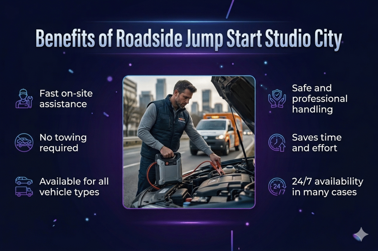 Infographic showing benefits of roadside jump start in Studio City with fast service, no towing, safe handling, 24/7 availability, and a central car jump start image with bullet points on both sides.