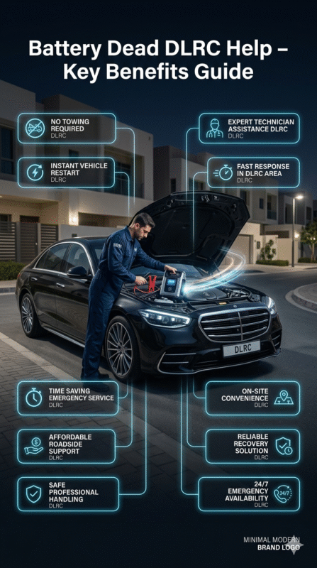 Mobile mechanic performing on-site car battery jump start in Dubai Land Residence Complex (DLRC) showing benefits of emergency roadside assistance in a cinematic infographic style.