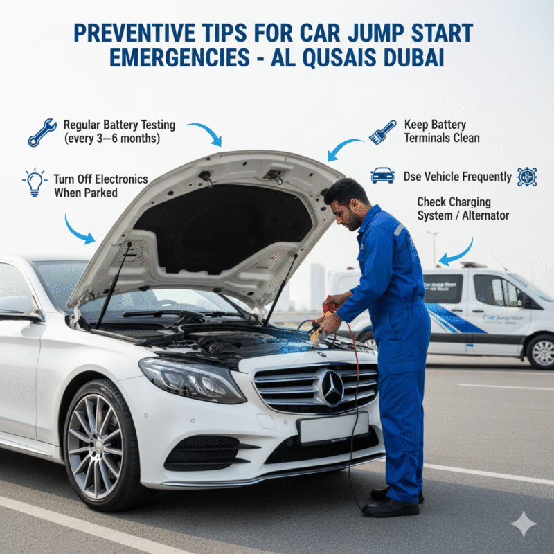 Preventive tips for car jump start emergencies in Al Qusais Dubai showing battery testing, turning off electronics, heat-resistant batteries, clean terminals, and charging system check.