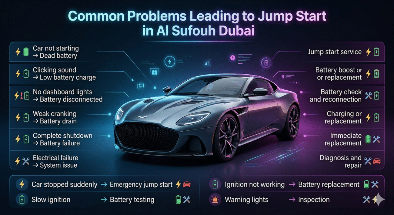 A modern troubleshooting guide showing common car problems and their solutions for jump start in Al Sufouh Dubai with a central car and organized side panels.