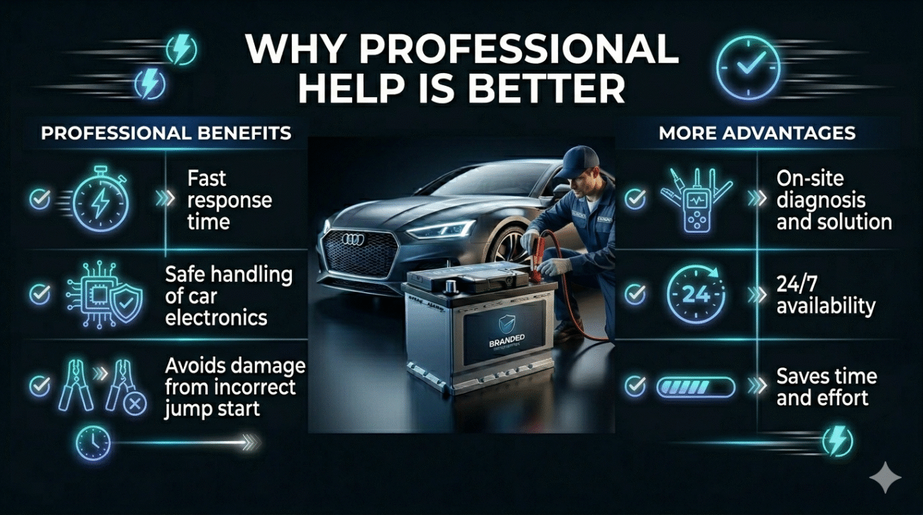 Why professional help is better for car battery issues including fast response, safe handling, and 24/7 availability shown in a clean automotive infographic with bullet points and central car scene.