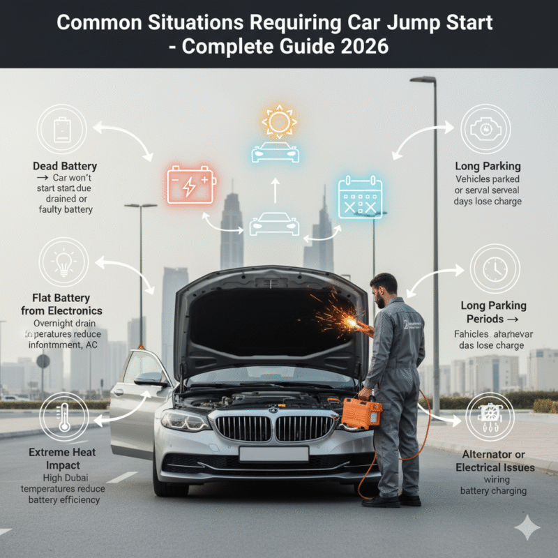 Luxury car in Ras Al Khor surrounded by icons representing dead battery, battery drain from electronics, extreme heat impact, long parking, and alternator issues, with a technician performing jump start service.