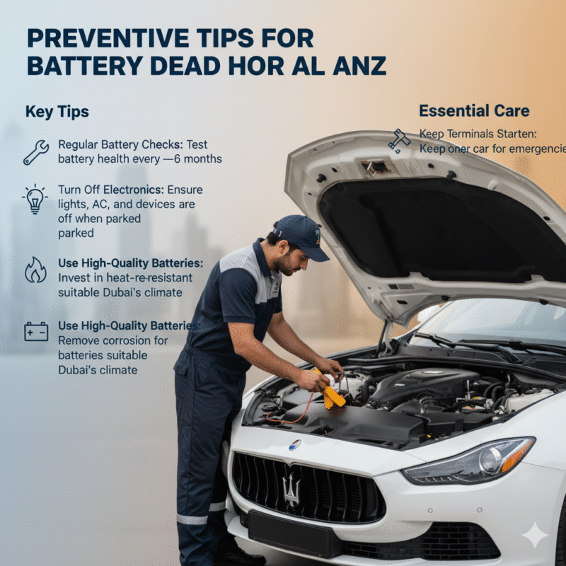 “Preventive tips for avoiding dead car battery in Hor Al Anz Dubai, showing battery checks, electronics off, high-quality batteries, clean terminals, and portable jump starter with professional technician in center.”