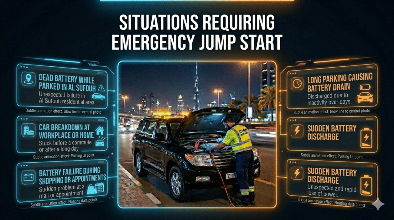 Infographic showing situations requiring emergency jump start in Al Sufouh, with a central car battery emergency image and key situations displayed on both sides.