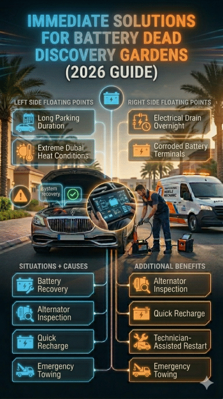 Infographic showing immediate solutions for battery dead issue in Discovery Gardens with a luxury car, mobile mechanic performing jump start, and structured roadside assistance options displayed on both sides.