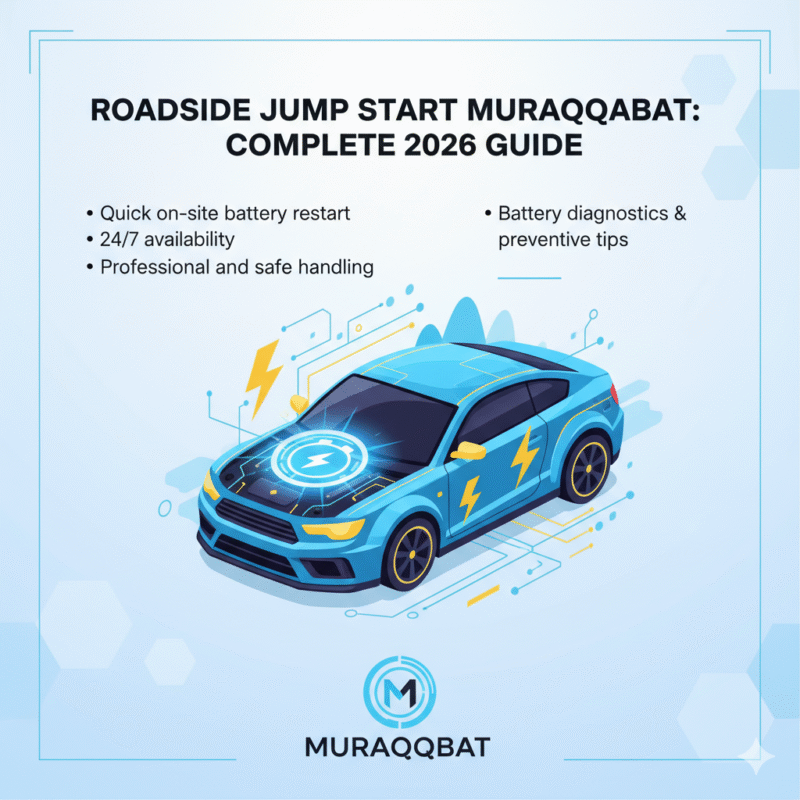 High-resolution animated user guide image for “Roadside Jump Start Muraqqabat: Complete 2026 Guide” showing a central car illustration with glowing battery, title at top, and key points displayed on sides.