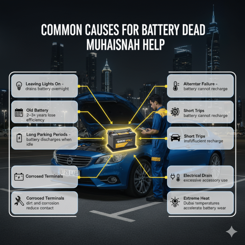 Infographic showing common causes of battery dead situations in Muhaisnah Dubai with a glowing battery, technician inspecting, and side points highlighting reasons like lights left on, old battery, long parking, corroded terminals, alternator failure, short trips, electrical drain, and extreme heat.