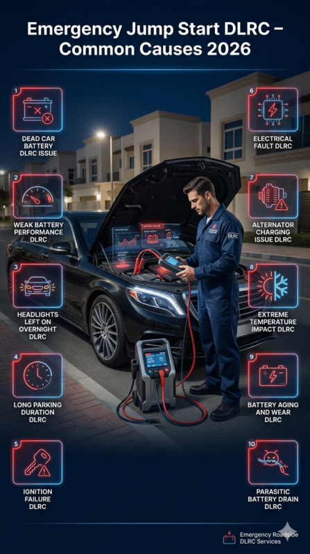 Mobile mechanic diagnosing dead car battery in Dubai Land Residence Complex (DLRC) with infographic-style causes of emergency jump start displayed on both sides.