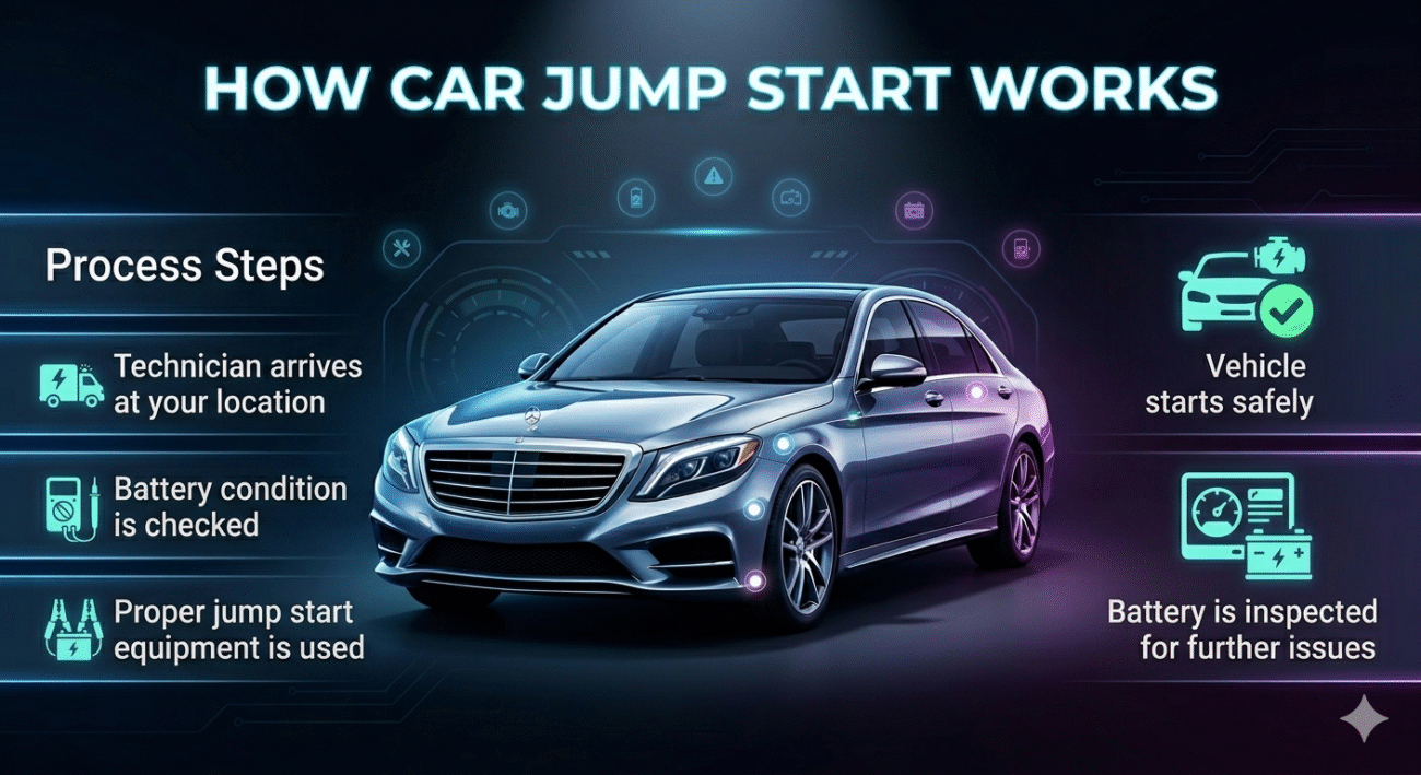A modern user guide image showing a car jump start process with a central car image, steps listed on both sides, and a bold title at the top in a futuristic design.