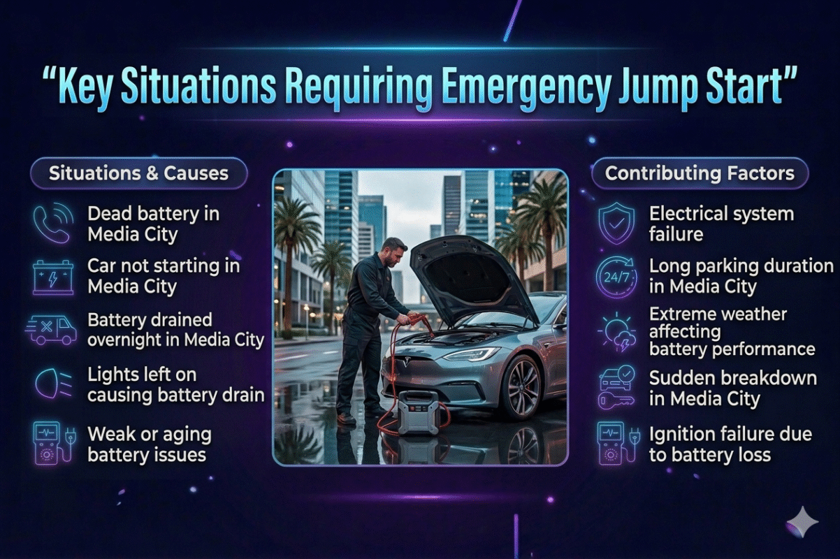 Infographic showing key situations when emergency jump start is required in Media City, with a central car image and list of common battery problems.