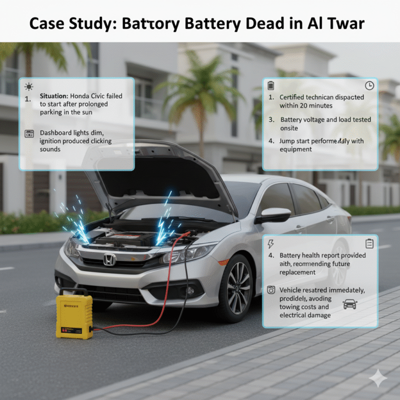 Animated infographic showing a Honda Civic being jump-started in Al Twar, Dubai, with key case study points displayed on left and right sides, title on top.