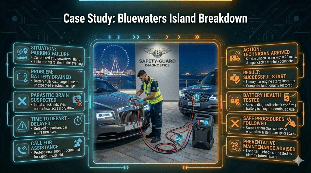 Case study visual of a car jump start at Bluewaters Island showing situation, problem, action, and result in a clean infographic layout.