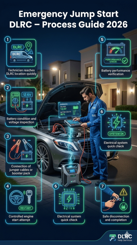 Mobile mechanic performing step-by-step emergency jump start process in Dubai Land Residence Complex (DLRC) with infographic guide showing full roadside assistance workflow in 2026.