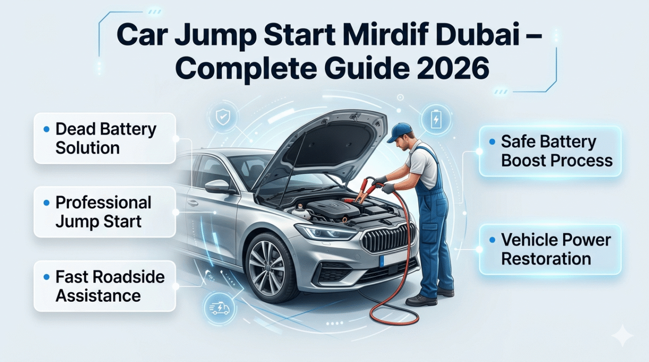 Car jump start Mirdif Dubai complete guide 2026 showing professional roadside technician boosting a dead car battery with key jump start tips infographic.