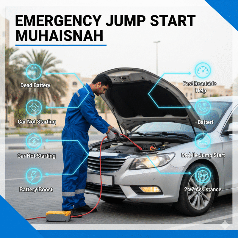 Emergency car battery jump start service in Muhaisnah with technician boosting a dead car battery using portable jump starter in roadside parking area.