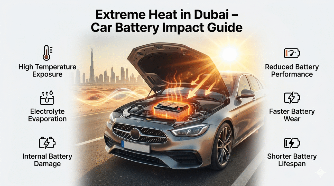 Extreme heat in Dubai affecting car battery performance showing battery overheating and reduced battery lifespan infographic