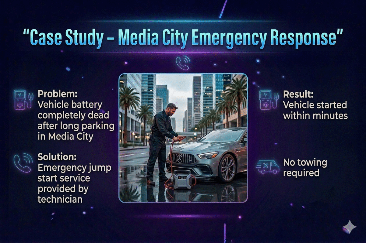 Infographic showing a Media City case study with problem, solution, and result of emergency jump start service around a central car image.