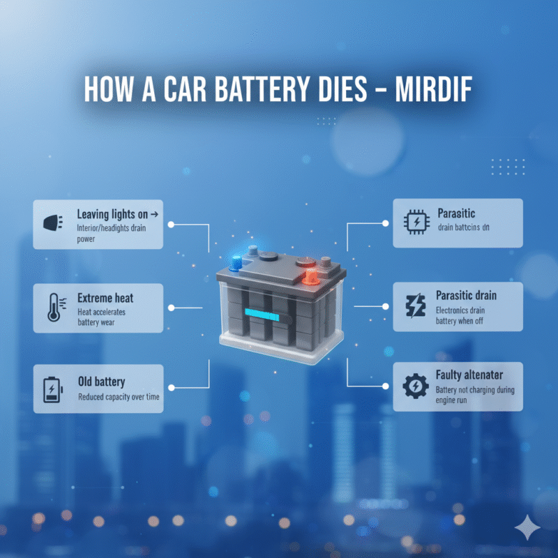 “Animated-style user guide showing ‘How a Car Battery Dies – Mirdif’ with title at top, main causes as infographic bullet points on sides, and a central 3D car battery illustration with animated effects.”