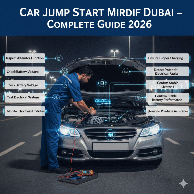 Roadside technician inspecting alternator and car electrical system after jump start in Mirdif Dubai with infographic-style side points showing key steps.