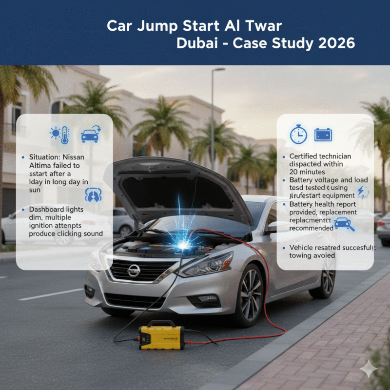 Animated infographic showing a Nissan Altima in Al Twar with a branded jump starter. Case study points displayed on sides including situation, technician response, jump start procedure, and successful outcome. Title on top.