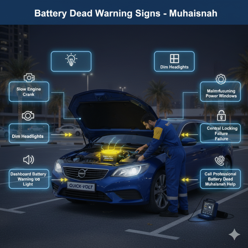 Infographic showing early warning signs of a battery dead situation in Muhaisnah Dubai, with a glowing battery, technician, and side points highlighting engine crank, dashboard lights, clicking ignition, malfunctioning windows, and central locking issues.
