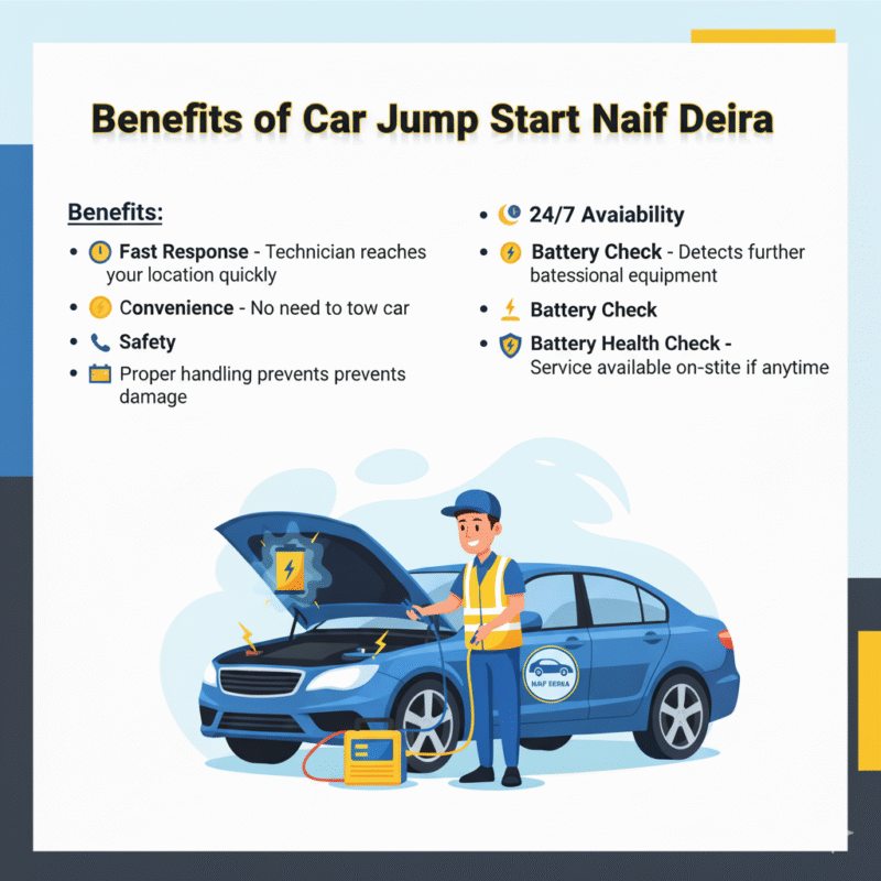 "User guide image showing the benefits of Car Jump Start Naif Deira with a technician assisting a car in the center and key benefits listed on the sides."