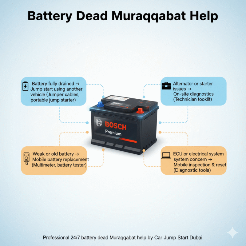 "Battery Dead Muraqqabat Help infographic showing title on top, emergency solutions with required tools on sides, and premium battery in the center with animated infographic style."