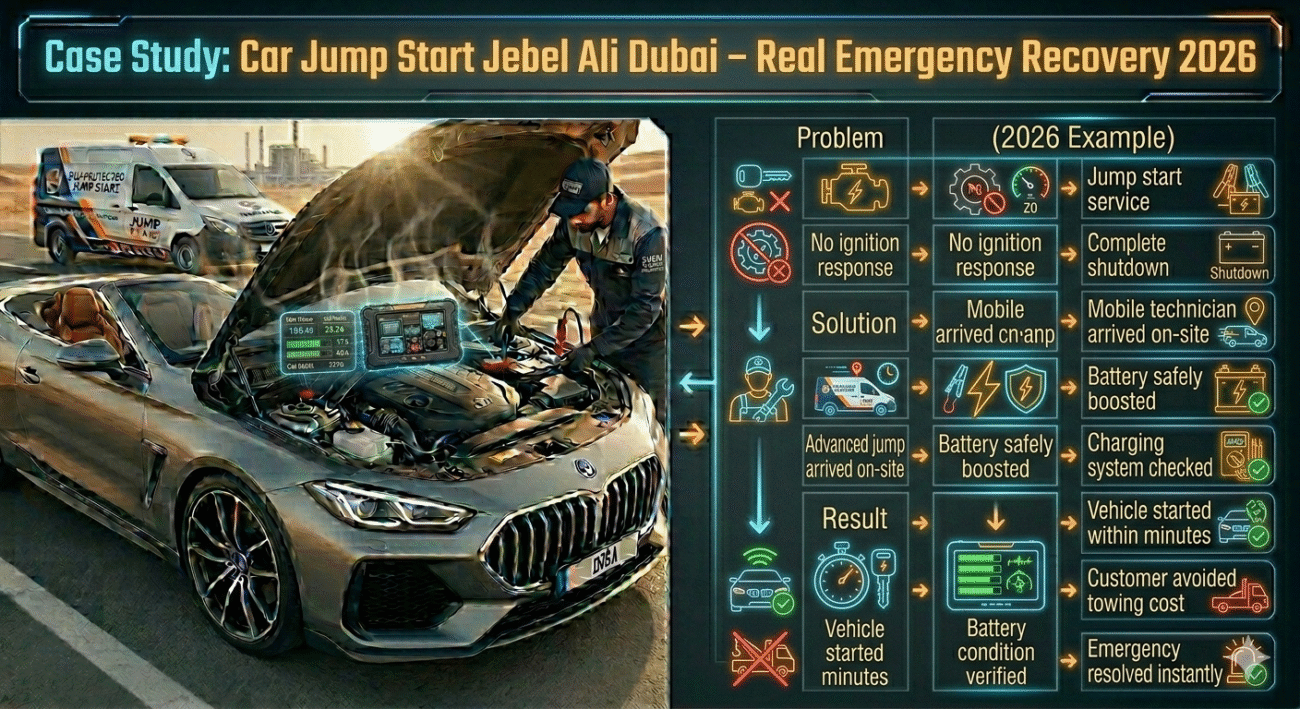 Infographic case study showing car jump start emergency in Jebel Ali Dubai including problem, solution, and result.