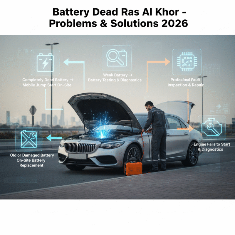 Luxury car in Ras Al Khor receiving professional battery jump start, with icons showing completely dead battery, weak battery, old or damaged battery, electrical fault, and engine start failure.