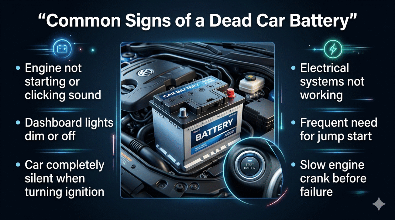 Common signs of a dead car battery including engine not starting, dim dashboard lights, and electrical failure shown in a clean user guide style image with bullet points and central car battery visual.