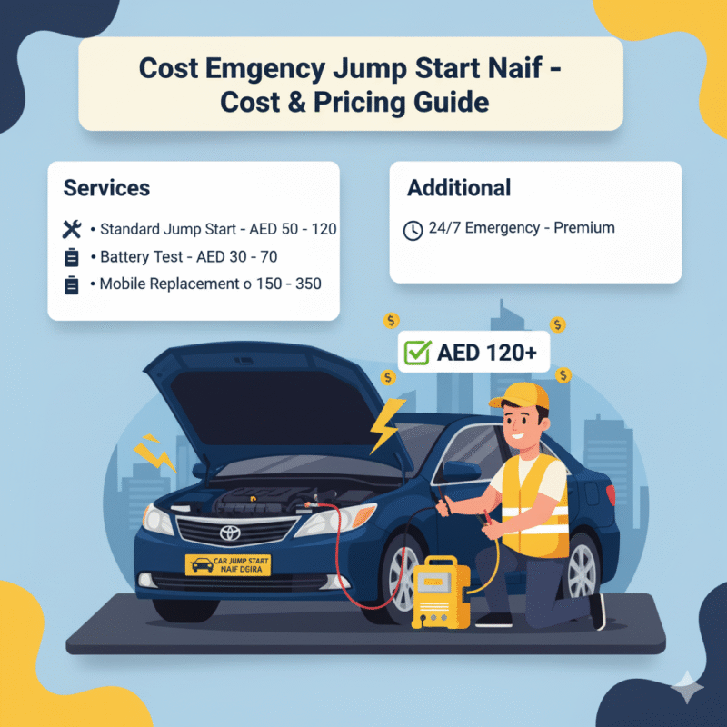 "User guide image showing Emergency Jump Start Naif cost and pricing guide with a technician assisting a car in the center and service prices listed on the sides."